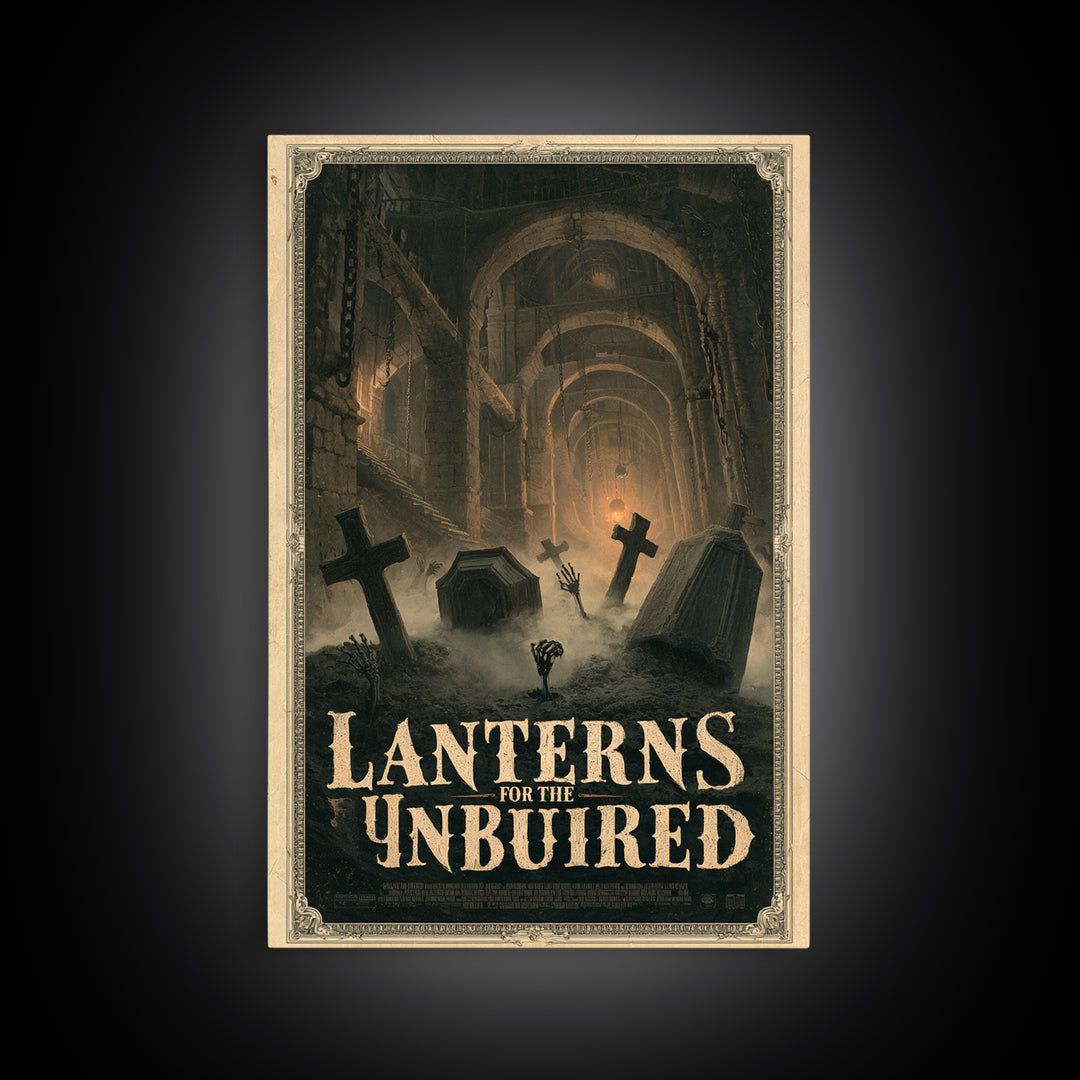 Lanterns For The Unburied, English Language Horror Movie Poster, Architectural Etching Art, Retro Horror Movie Art