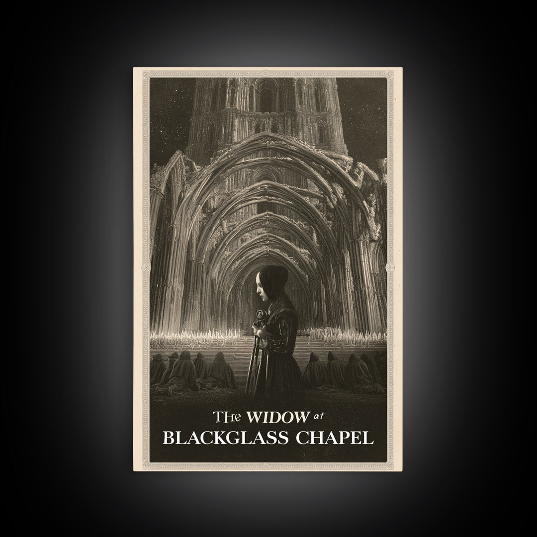 The Widow At Blackglass Chapel, English Language Horror Movie Poster, Gothic Engraving Art, Retro Horror Movie Art, Canvas Print