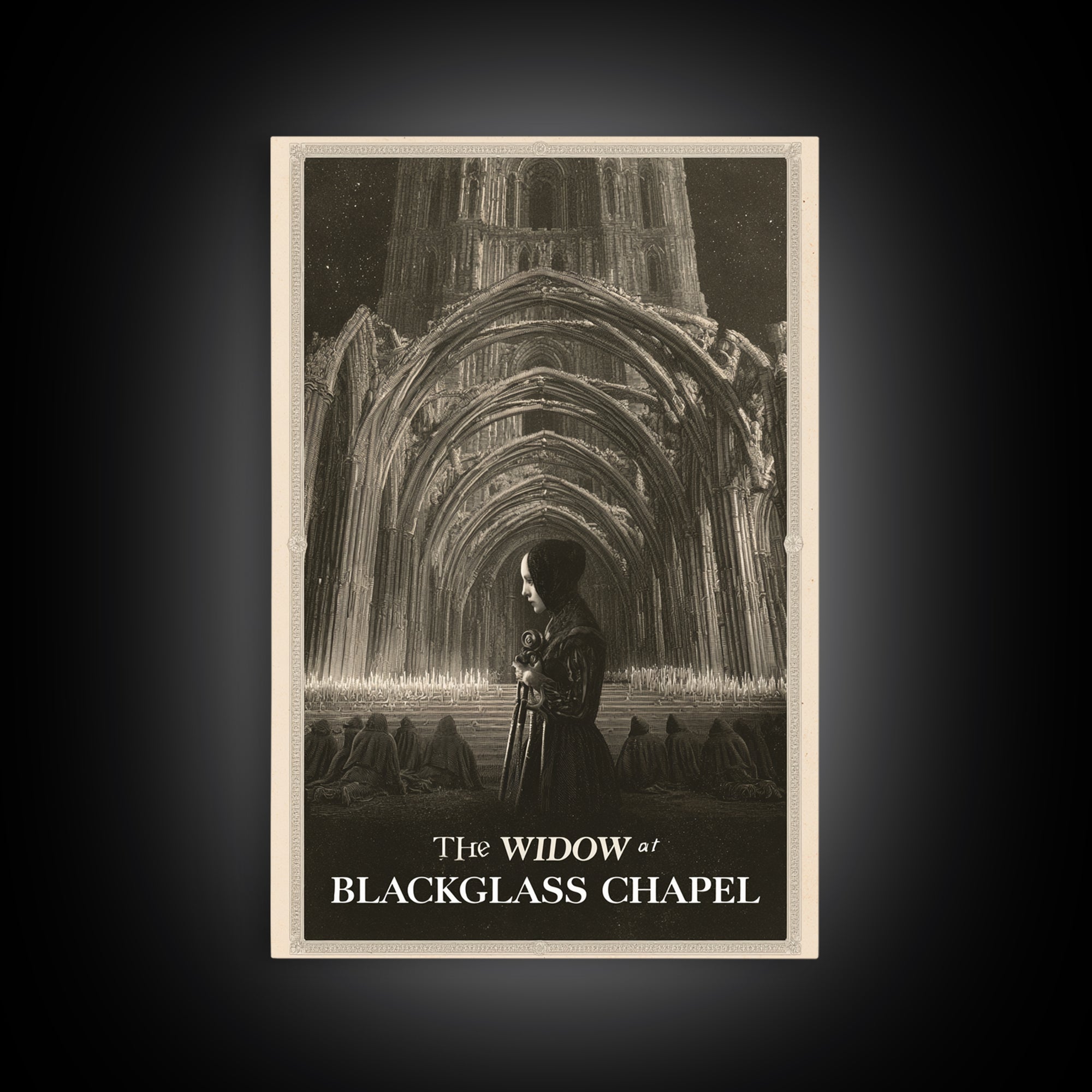 The Widow At Blackglass Chapel, English Language Horror Movie Poster, Gothic Engraving Art, Retro Horror Movie Art, Canvas Print
