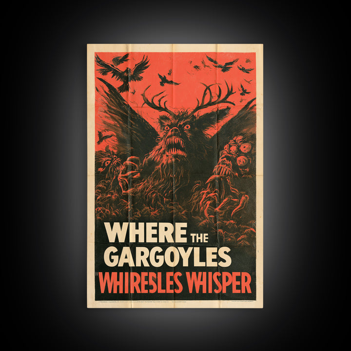 Where The Gargoyles Whisper, English Language Horror Movie Poster, 1950s Creature-Feature One-Sheet Inspired Art, Cult Horror Poster