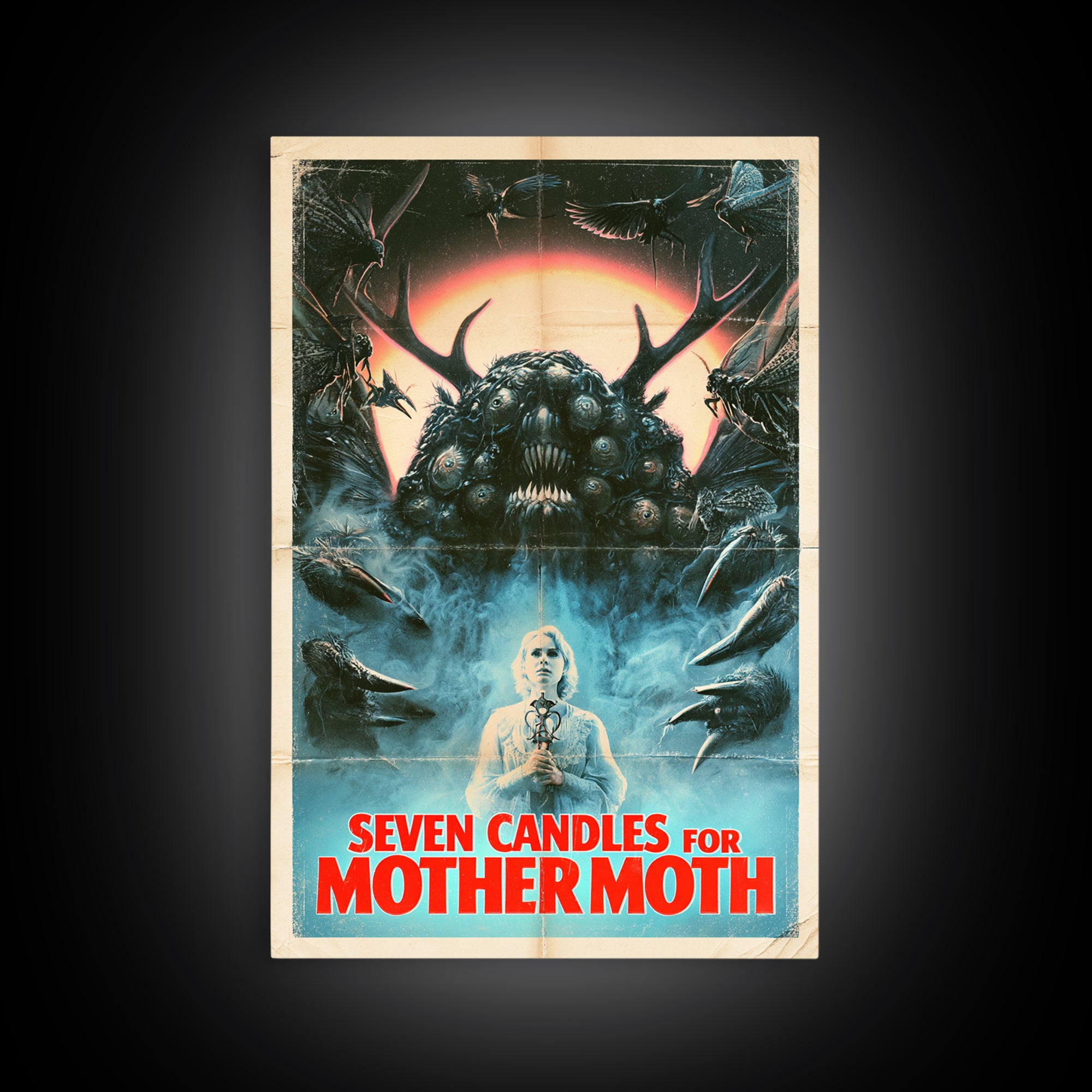 Seven Candles For Mother Moth, English Language Horror Movie Poster, 1980s Vhs Nightmare Cover Inspired Art, Retro Horror Movie Art