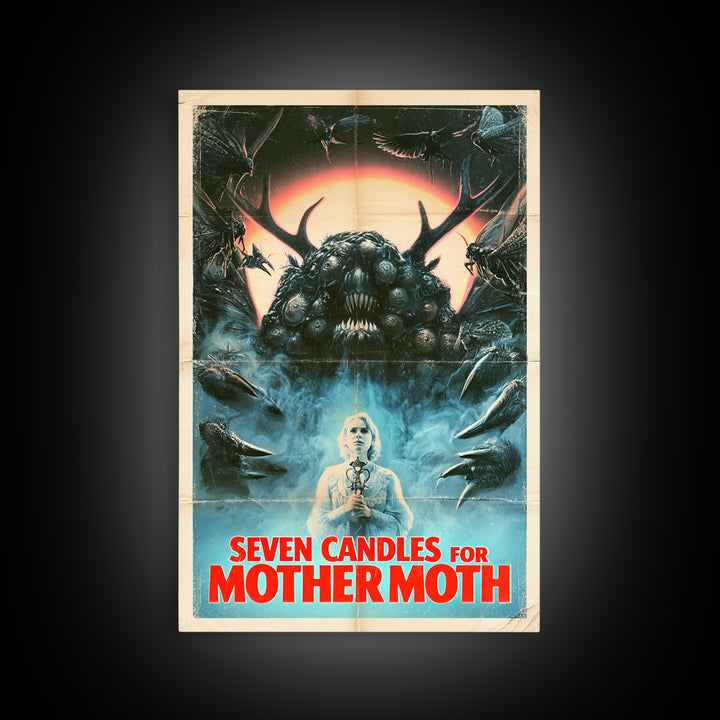 Seven Candles For Mother Moth, English Language Horror Movie Poster, 1980s Vhs Nightmare Cover Inspired Art, Retro Horror Movie Art