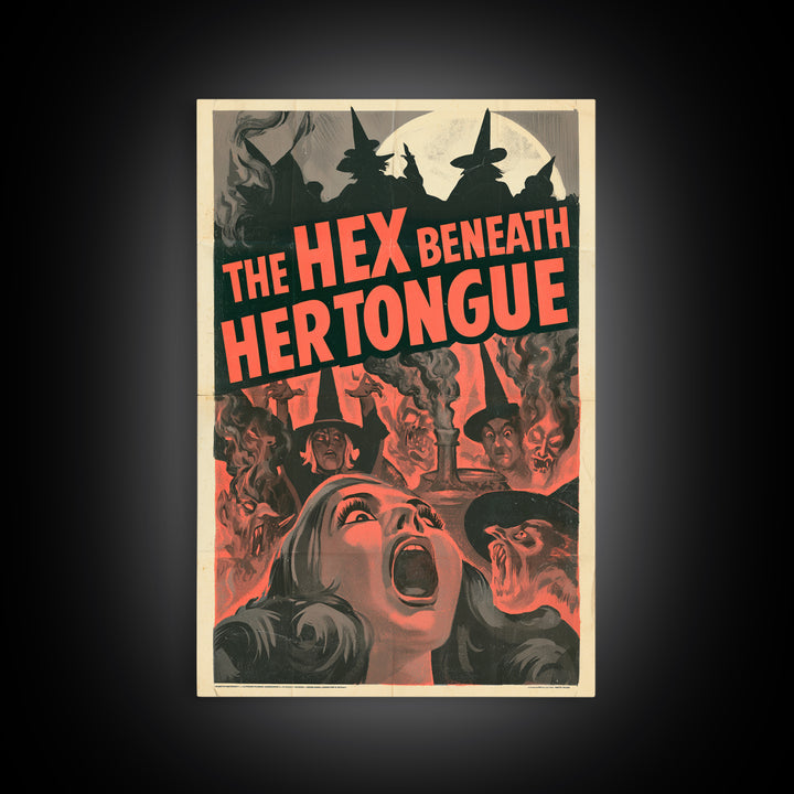 The Hex Beneath Her Tongue, English Language Horror Movie Poster, 1950s Creature-Feature One-Sheet Inspired Art, Gothic Cinema Wall Art