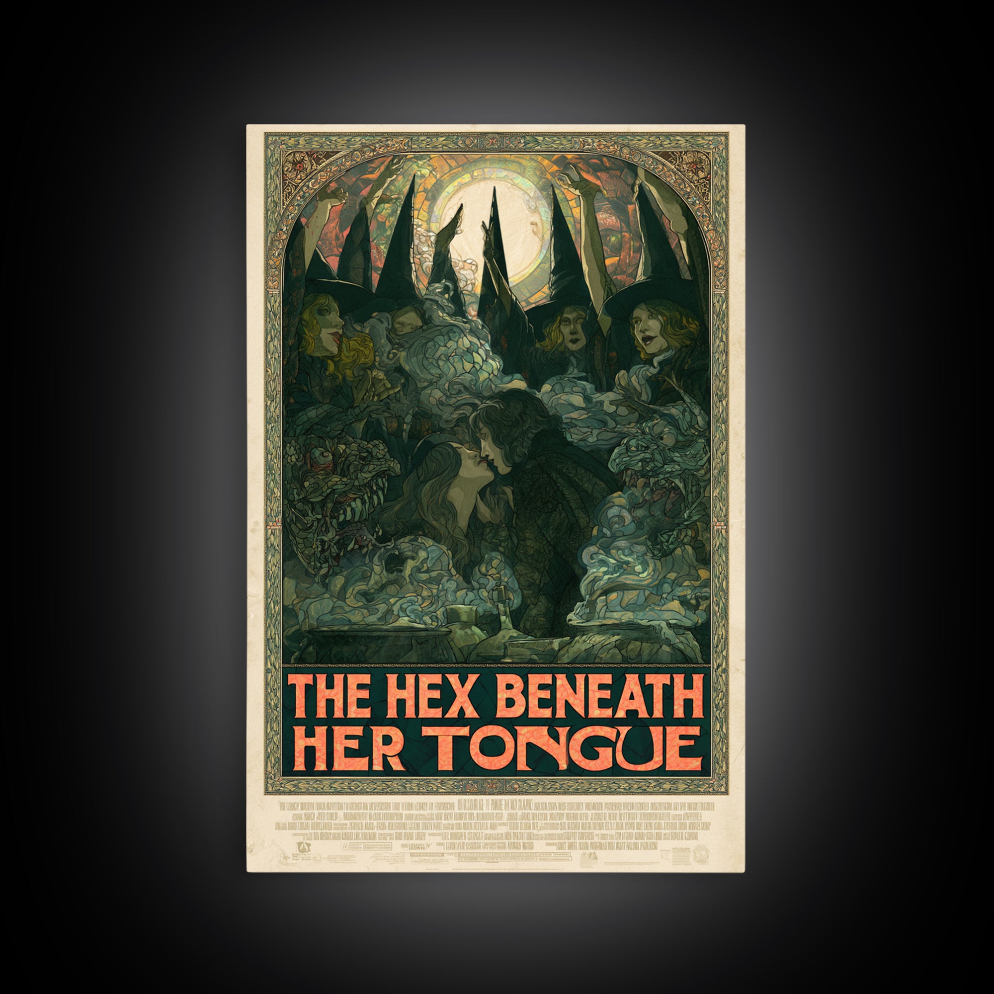 The Hex Beneath Her Tongue, English Language Horror Movie Poster, Stained Glass Gothic Art, Retro Horror Movie Art, Framed Canvas Print