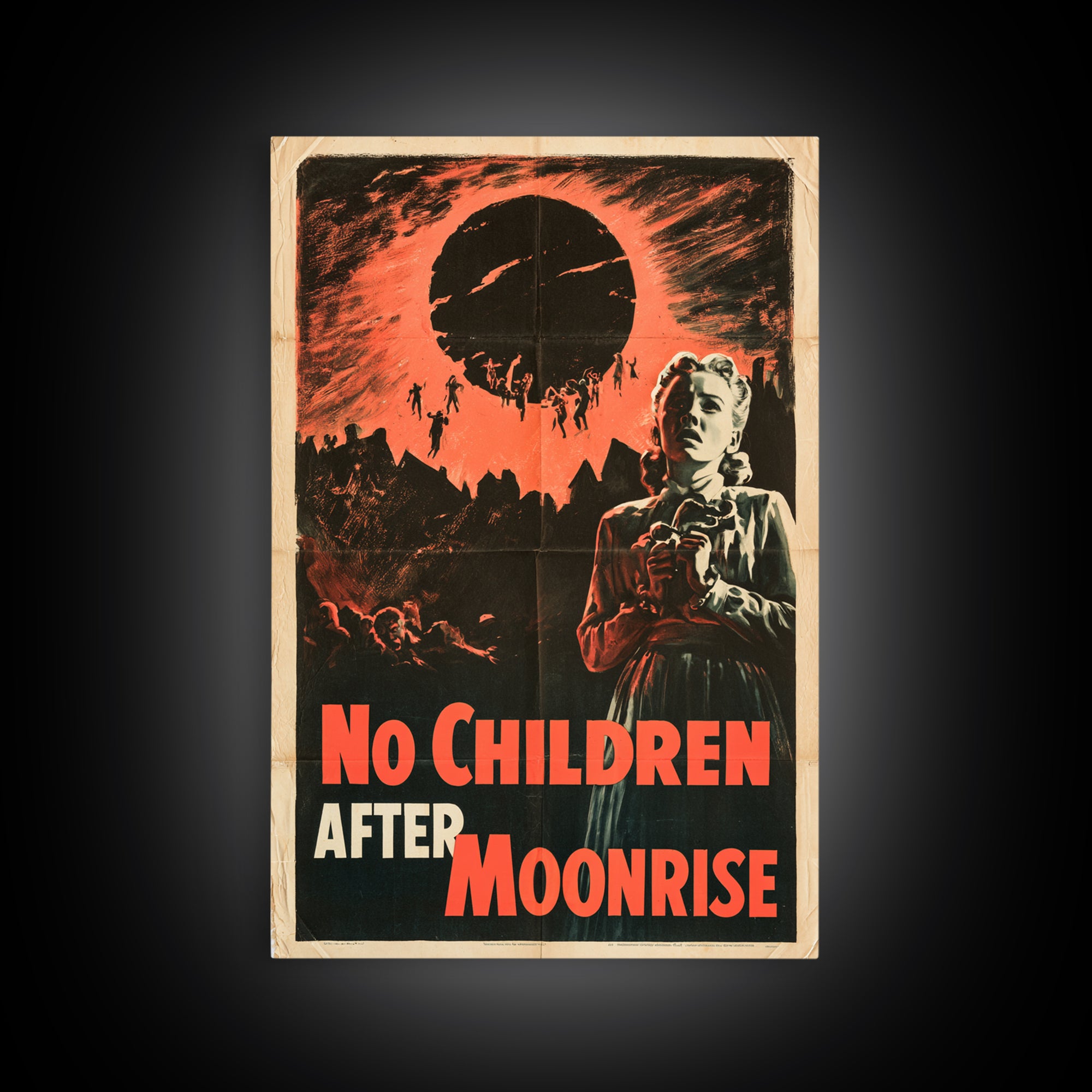 No Children After Moonrise, English Language Horror Movie Poster, 1950s Creature-Feature One-Sheet Inspired Art, Retro Horror Movie Art