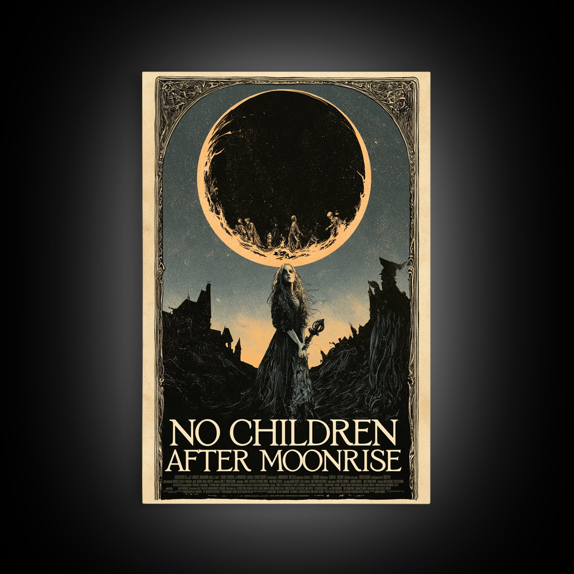 No Children After Moonrise, English Language Horror Movie Poster, Decadent Line Art, Cult Horror Poster, Framed Canvas Print