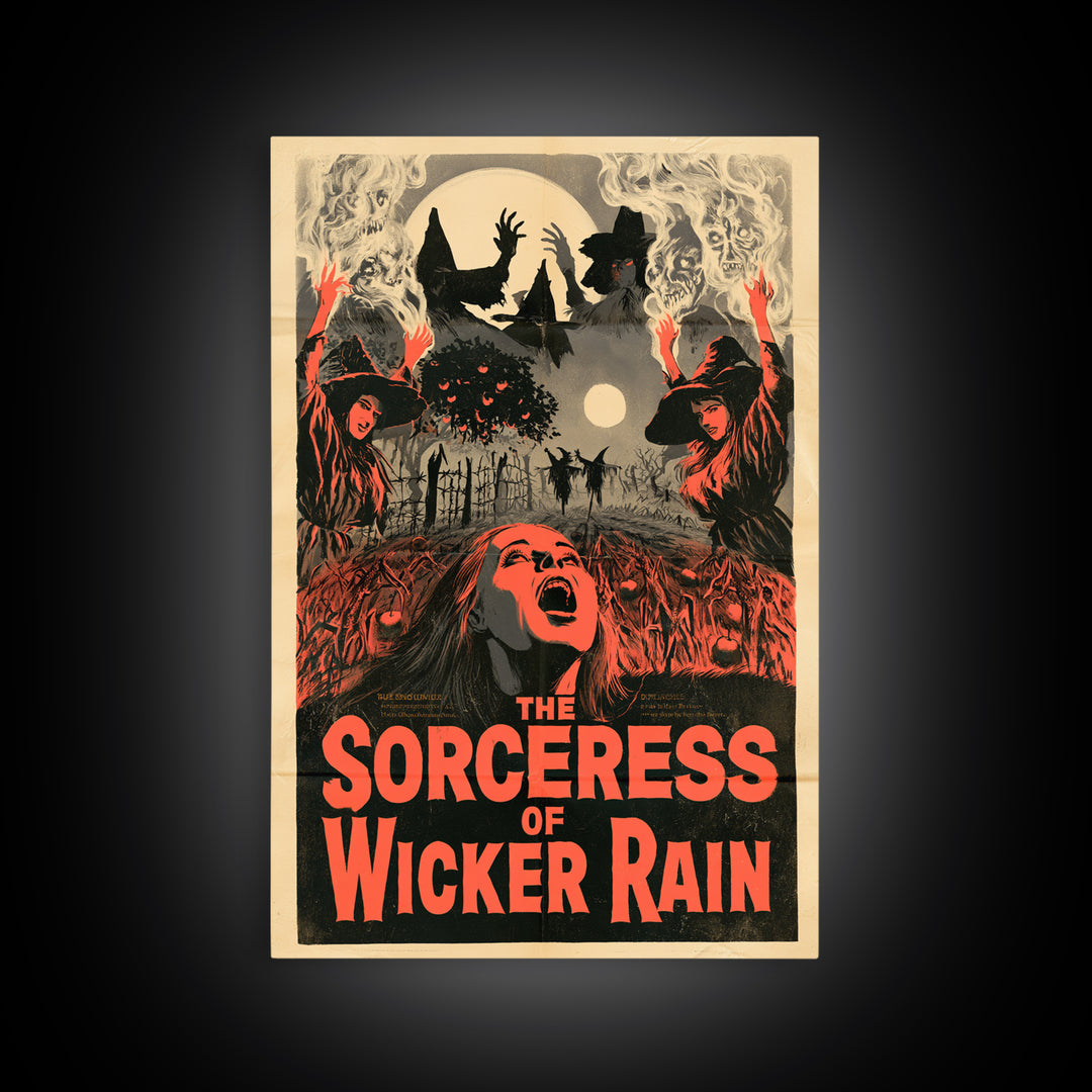 The Sorceress Of Wicker Rain, English Language Horror Movie Poster, 1950s Creature-Feature One-Sheet Inspired Art, Retro Horror Movie Art