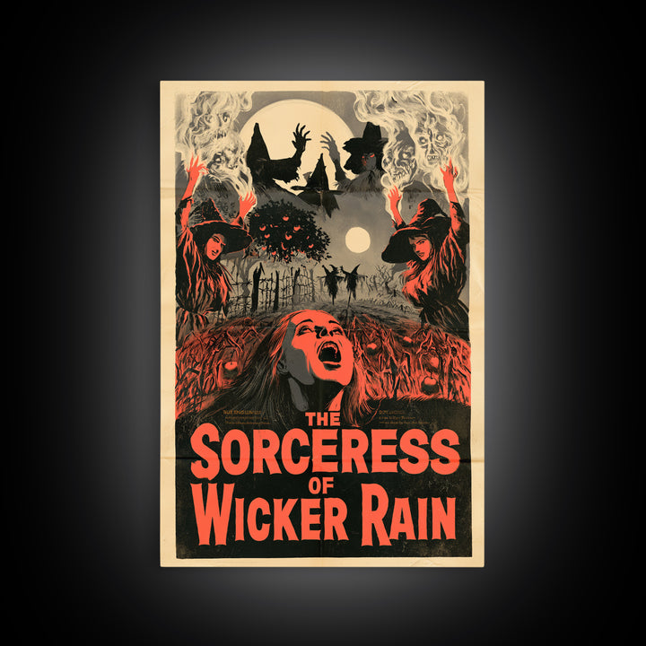The Sorceress Of Wicker Rain, English Language Horror Movie Poster, 1950s Creature-Feature One-Sheet Inspired Art, Retro Horror Movie Art