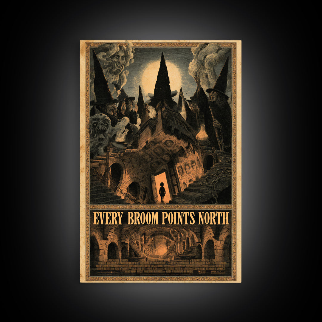 Every Broom Points North, English Language Horror Movie Poster, Architectural Etching Art, Cult Horror Poster, Canvas Print