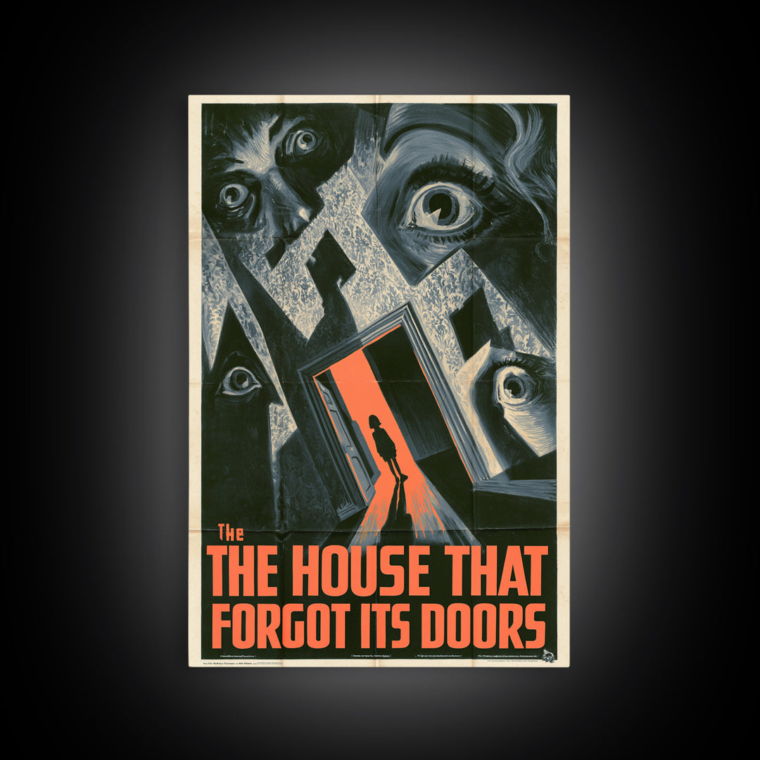 The House That Forgot Its Doors, English Language Horror Movie Poster, 1930s Horror Art, Retro Horror Movie Art, Framed Canvas Print