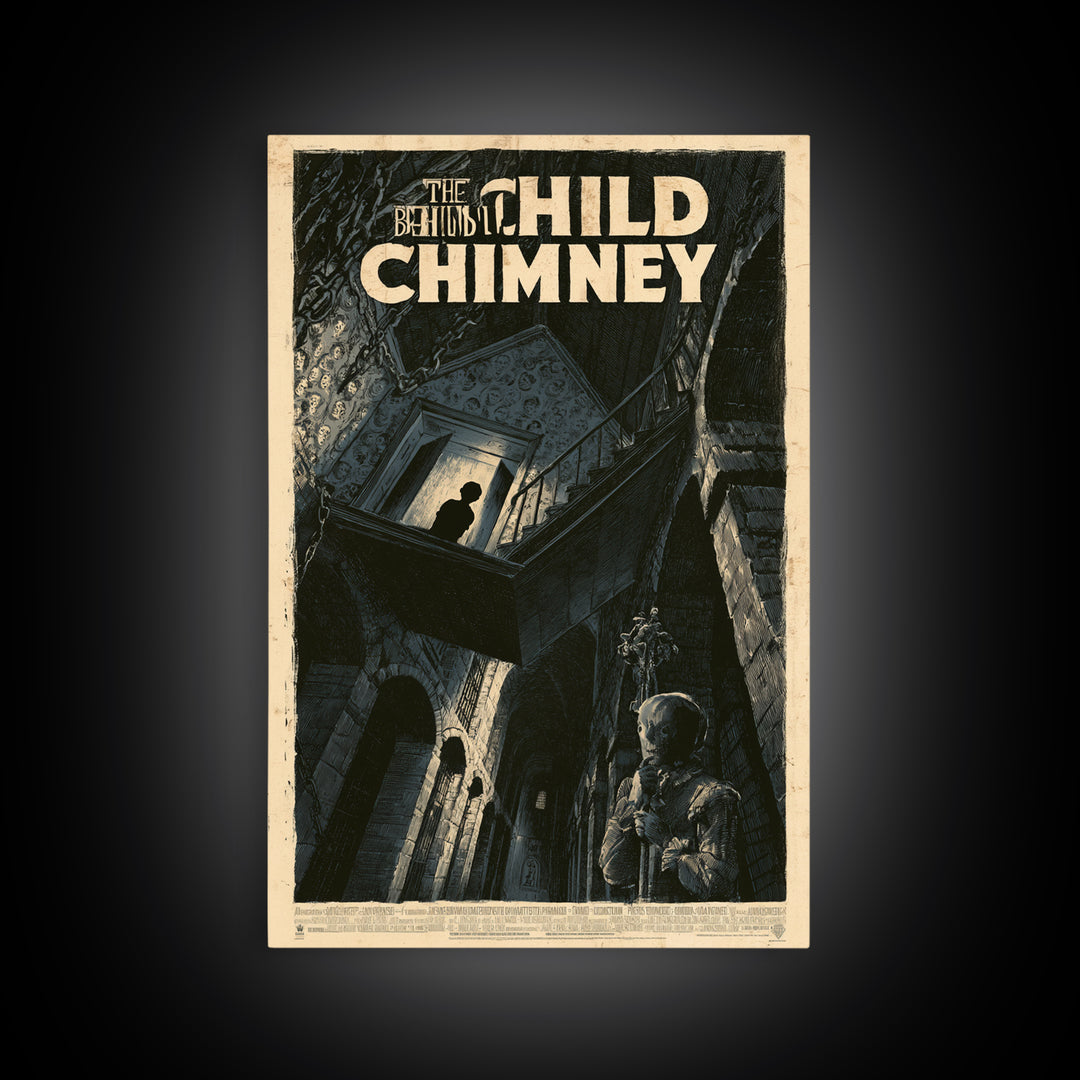 The Child Behind The Chimney, English Language Horror Movie Poster, Architectural Etching Art, Classic Monster Poster