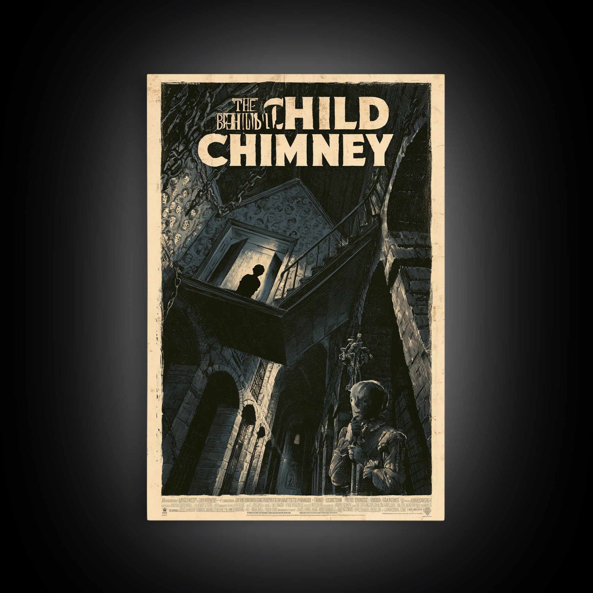 The Child Behind The Chimney, English Language Horror Movie Poster, Architectural Etching Art, Classic Monster Poster
