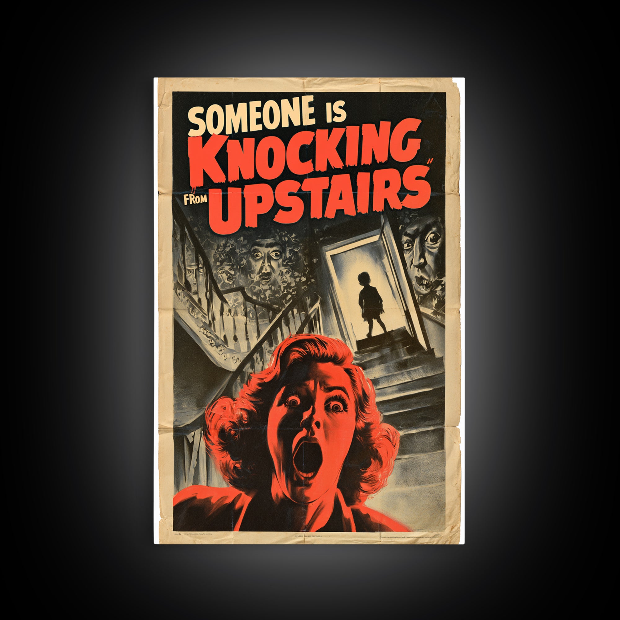 Someone Is Knocking From Upstairs, English Language Horror Movie Poster, 1950s Creature-Feature One-Sheet Inspired Art, Canvas Print