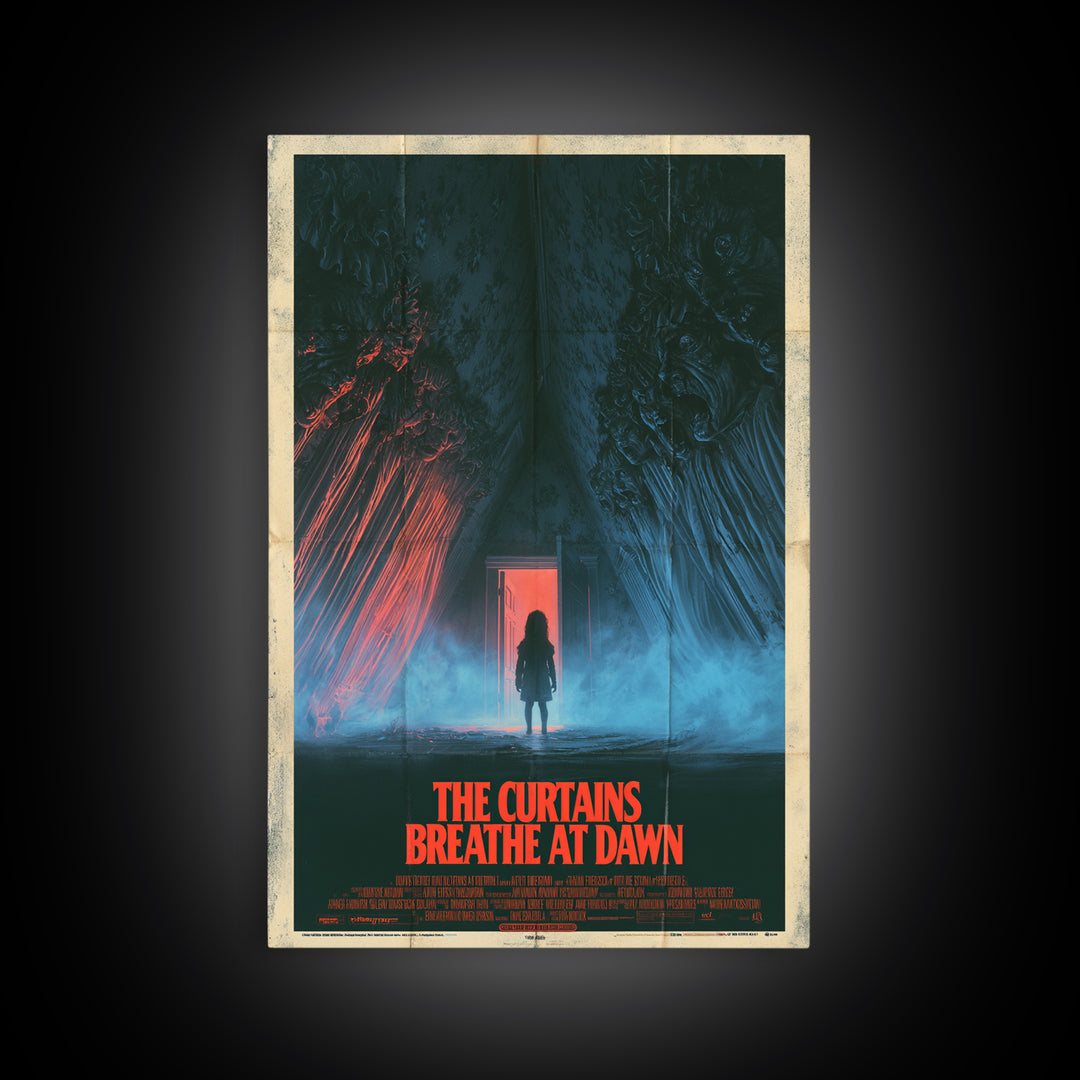 The Curtains Breathe At Dawn, English Language Horror Movie Poster, 1980s Vhs Nightmare Cover Inspired Art, Retro Horror Movie Art