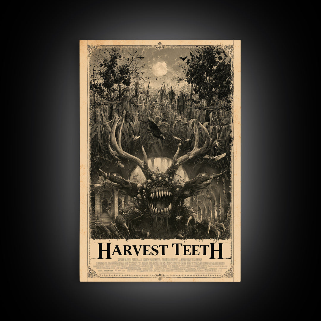 Harvest Teeth, English Language Horror Movie Poster, Architectural Etching Art, Classic Monster Poster, Framed Canvas Print