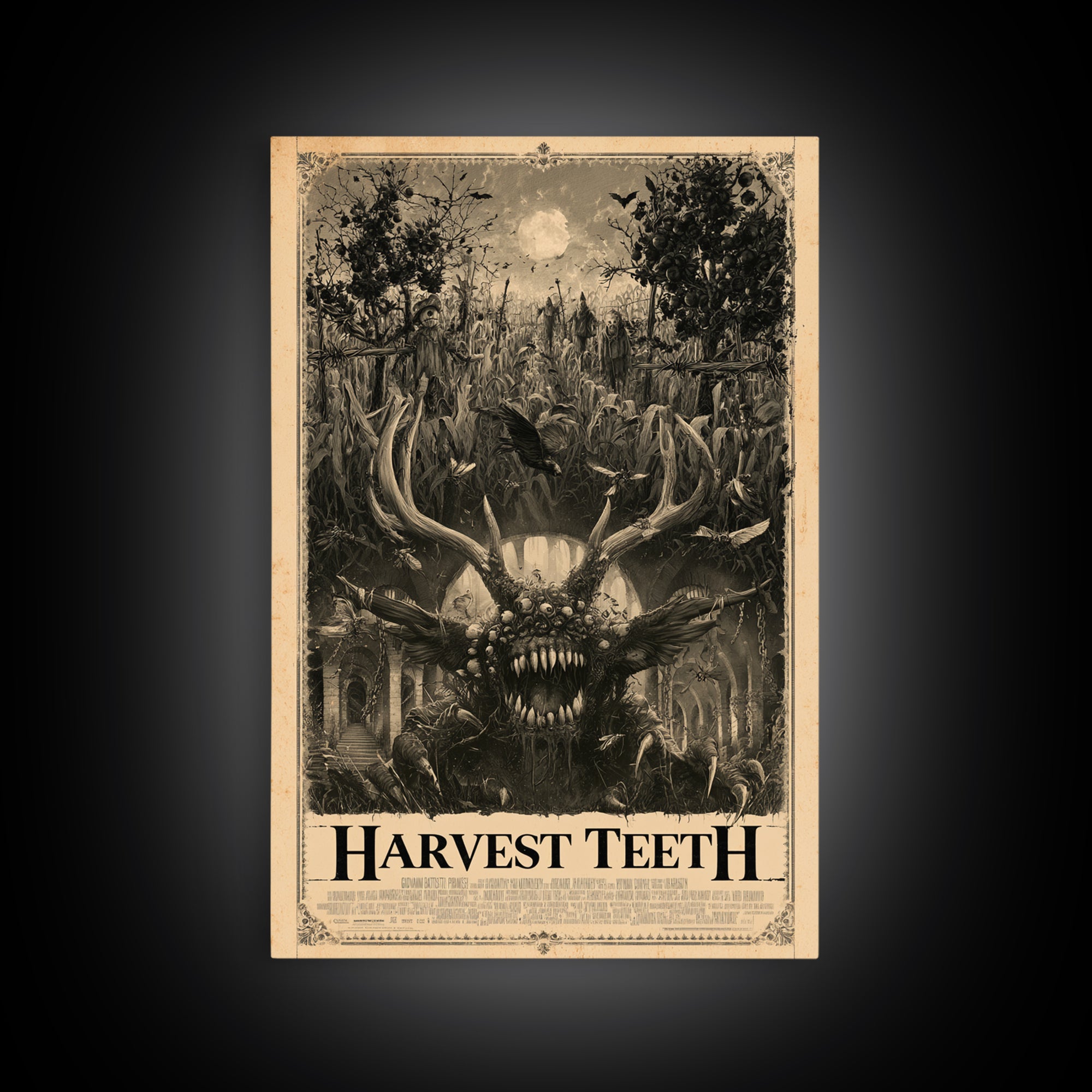 Harvest Teeth, English Language Horror Movie Poster, Architectural Etching Art, Classic Monster Poster, Framed Canvas Print