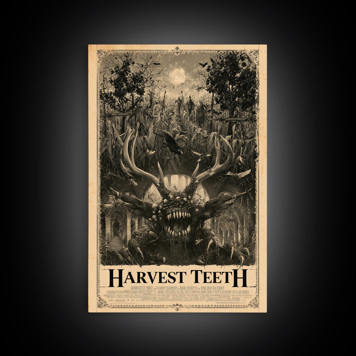 Harvest Teeth, English Language Horror Movie Poster, Architectural Etching Art, Classic Monster Poster, Framed Canvas Print