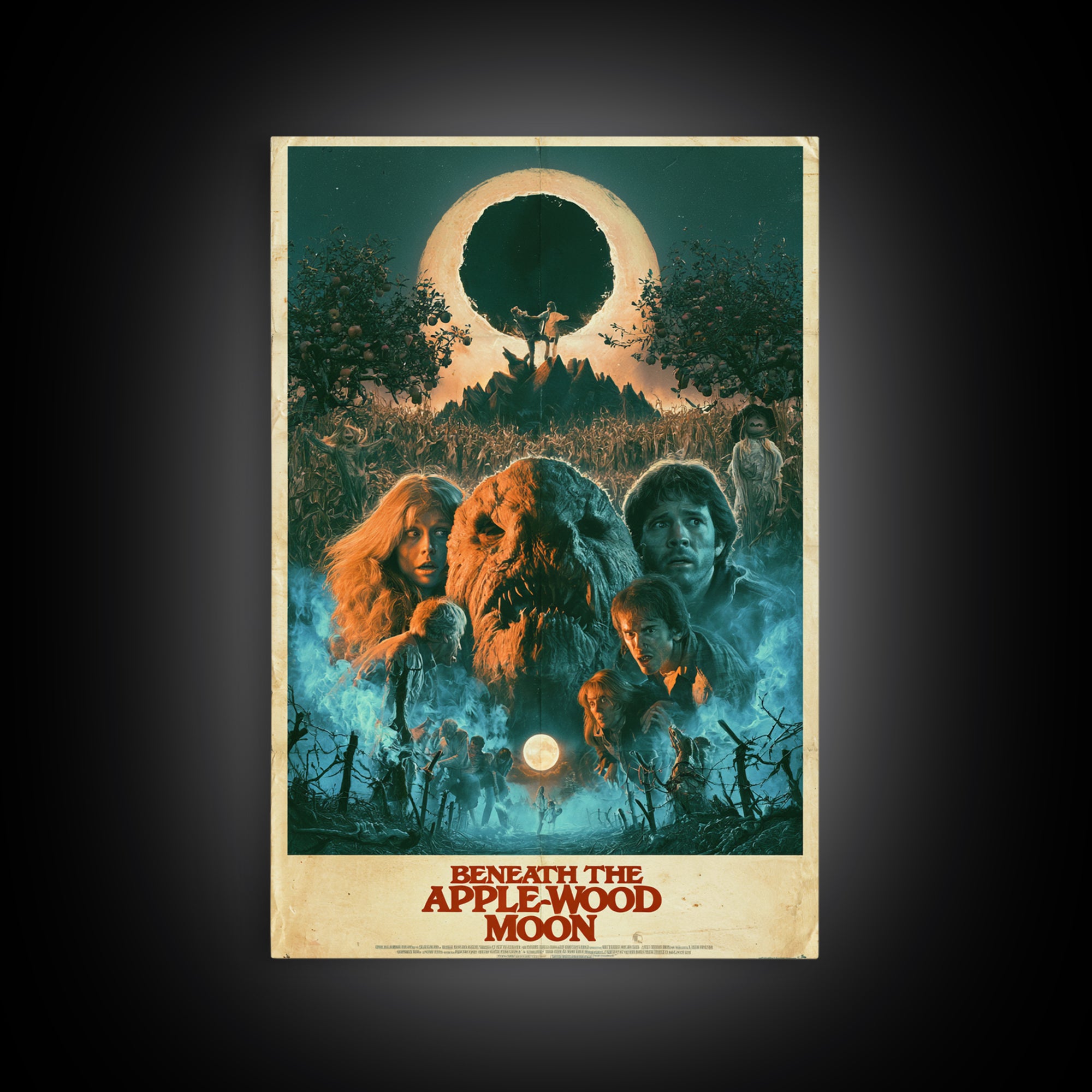 Beneath The Apple-Wood Moon, English Language Horror Movie Poster, 1980s Vhs Nightmare Cover Inspired Art, Retro Horror Movie Art
