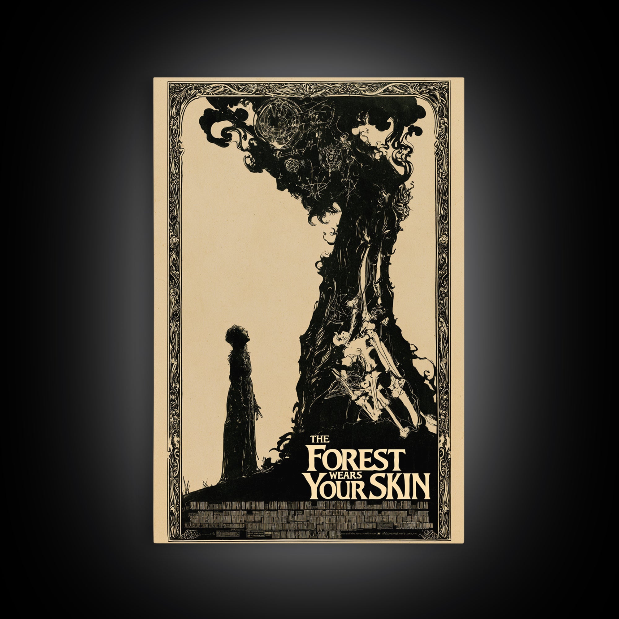 The Forest Wears Your Skin, English Language Horror Movie Poster, Decadent Line Art, Retro Horror Movie Art, Framed Canvas Print