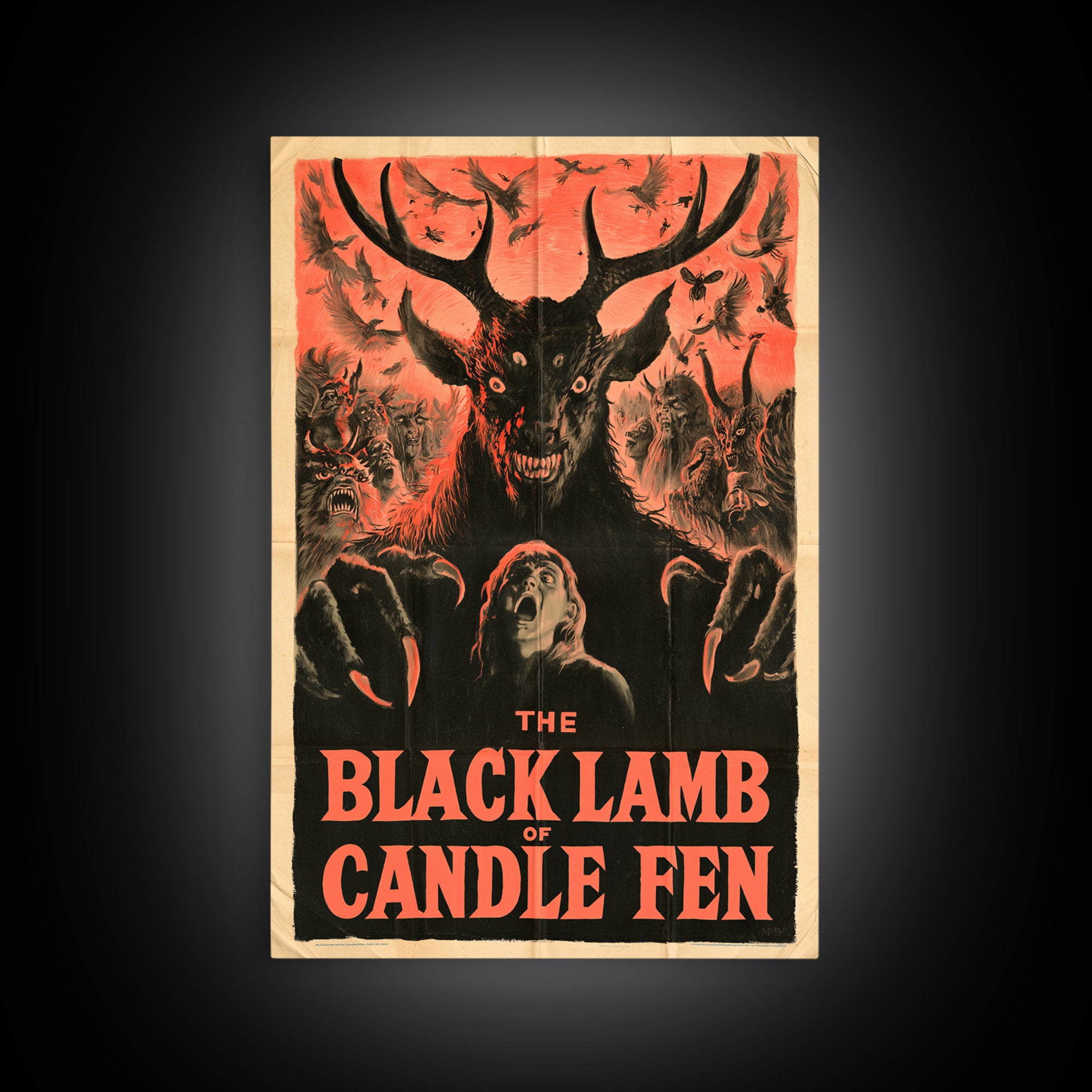 The Black Lamb Of Candle Fen, English Language Horror Movie Poster, 1950s Creature-Feature One-Sheet Inspired Art, Gothic Cinema Wall Art