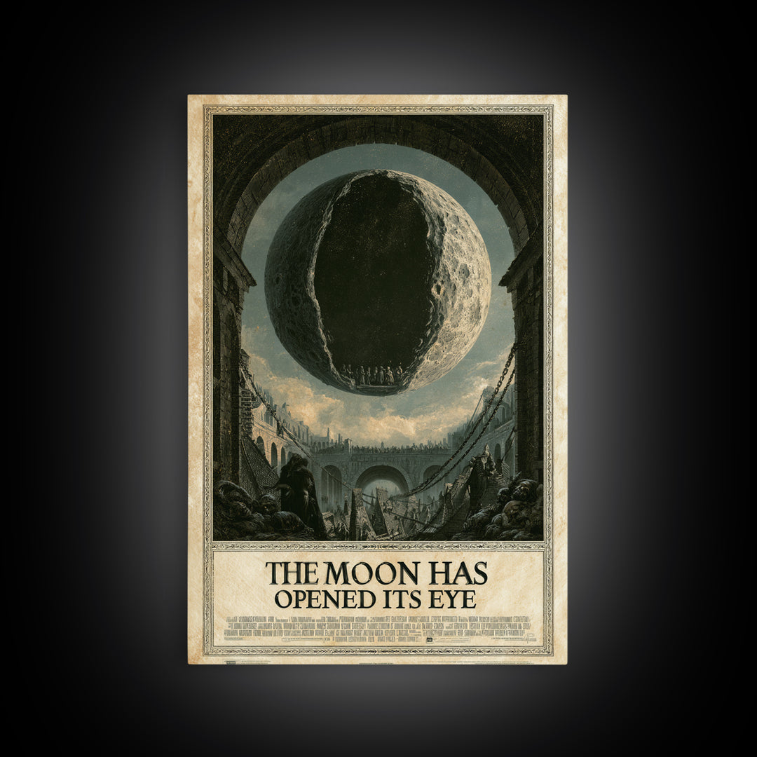 The Moon Has Opened Its Eye, English Language Horror Movie Poster, Architectural Etching Art, Retro Horror Movie Art