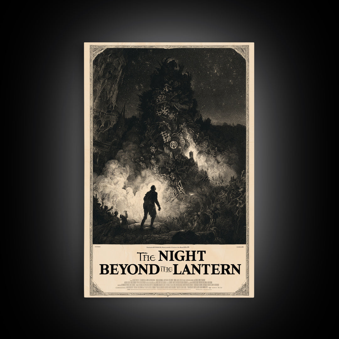 The Night Beyond The Lantern, English Language Horror Movie Poster, Gothic Engraving Art, Cult Horror Poster, Framed Canvas Print