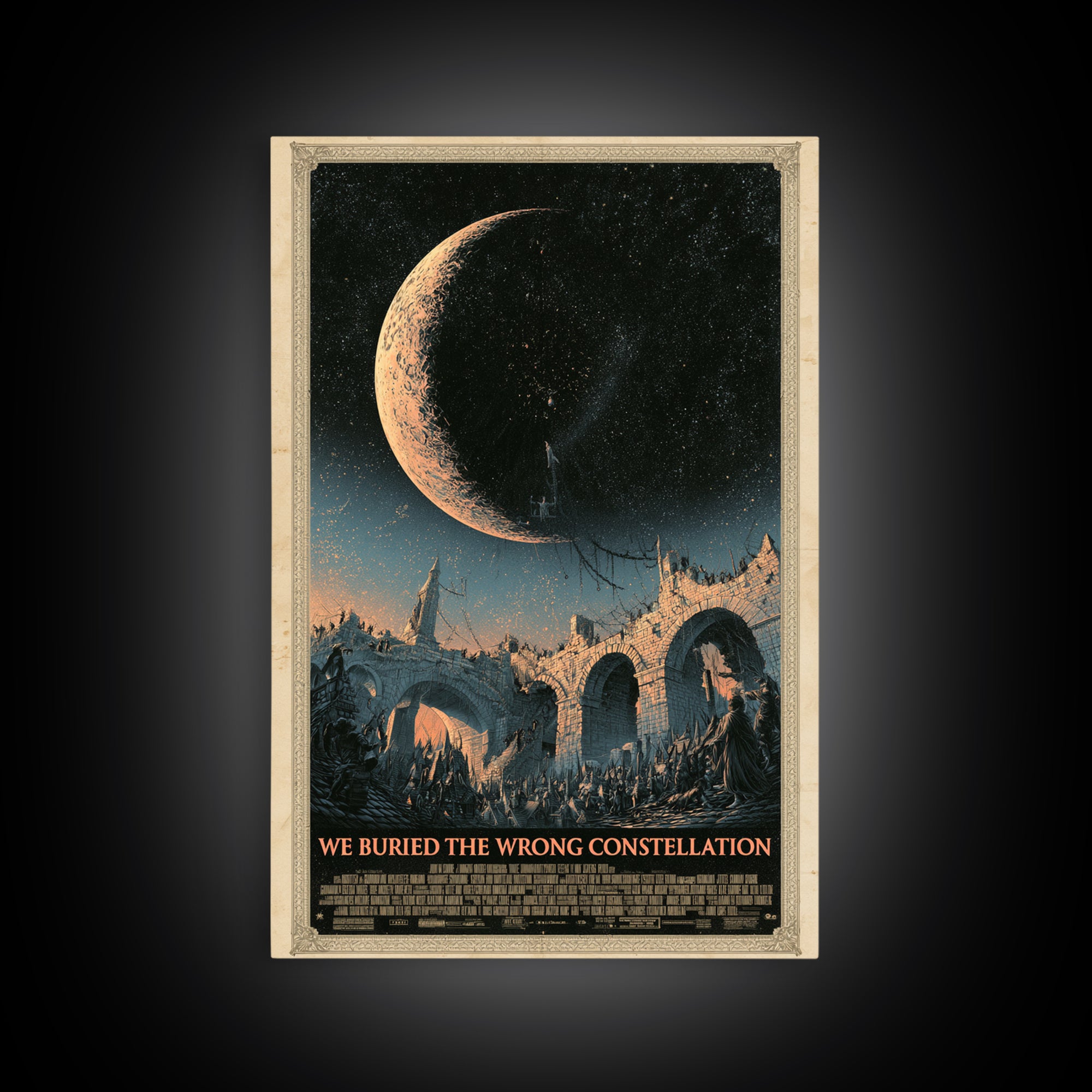 We Buried The Wrong Constellation, English Language Horror Movie Poster, Architectural Etching Art, Retro Horror Movie Art