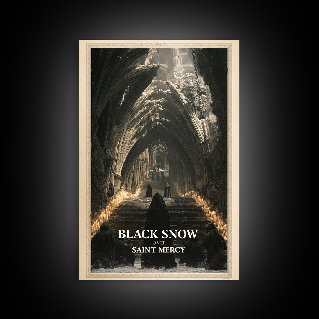Black Snow Over Saint Mercy, English Language Horror Movie Poster, Architectural Etching Art, Classic Monster Poster