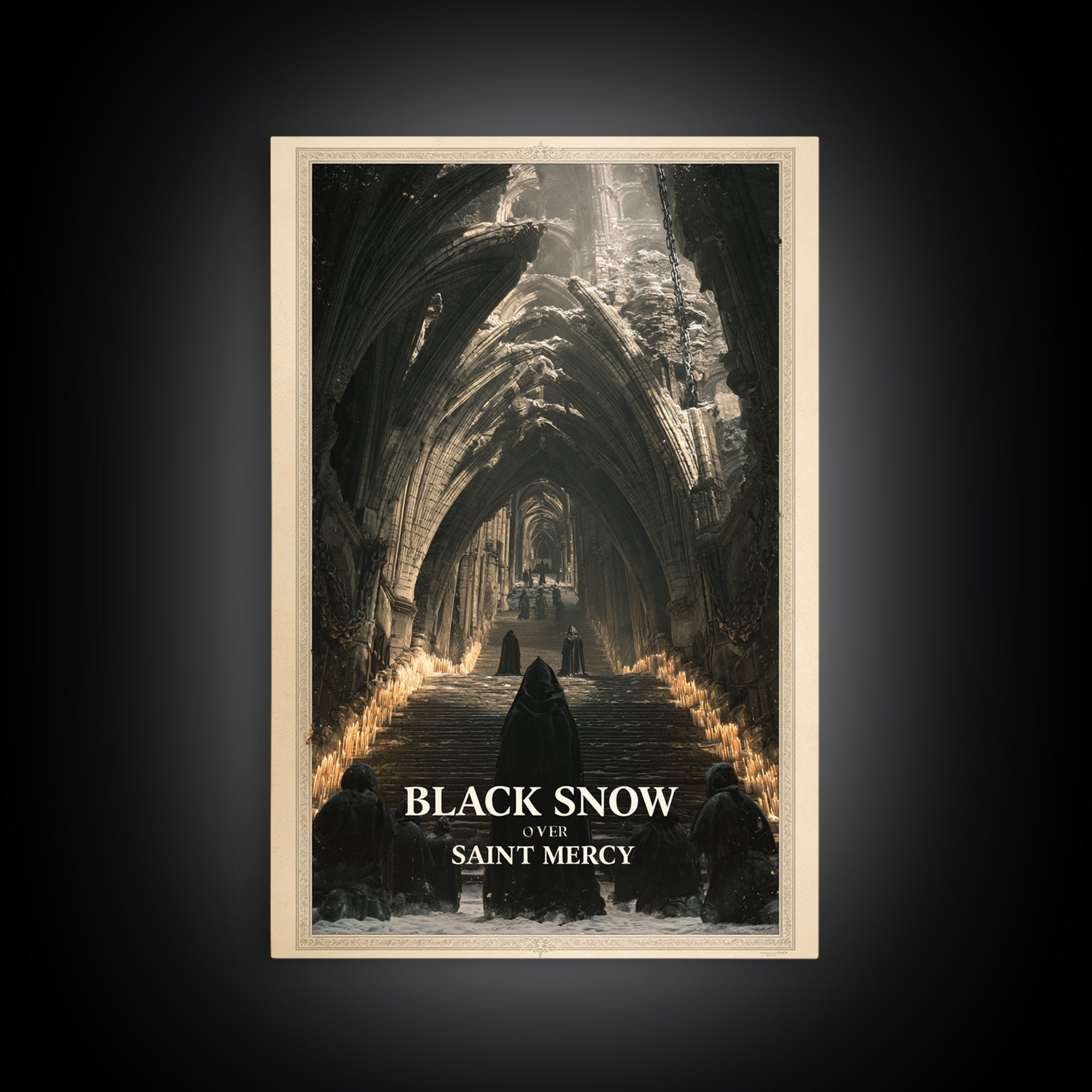 Black Snow Over Saint Mercy, English Language Horror Movie Poster, Architectural Etching Art, Classic Monster Poster