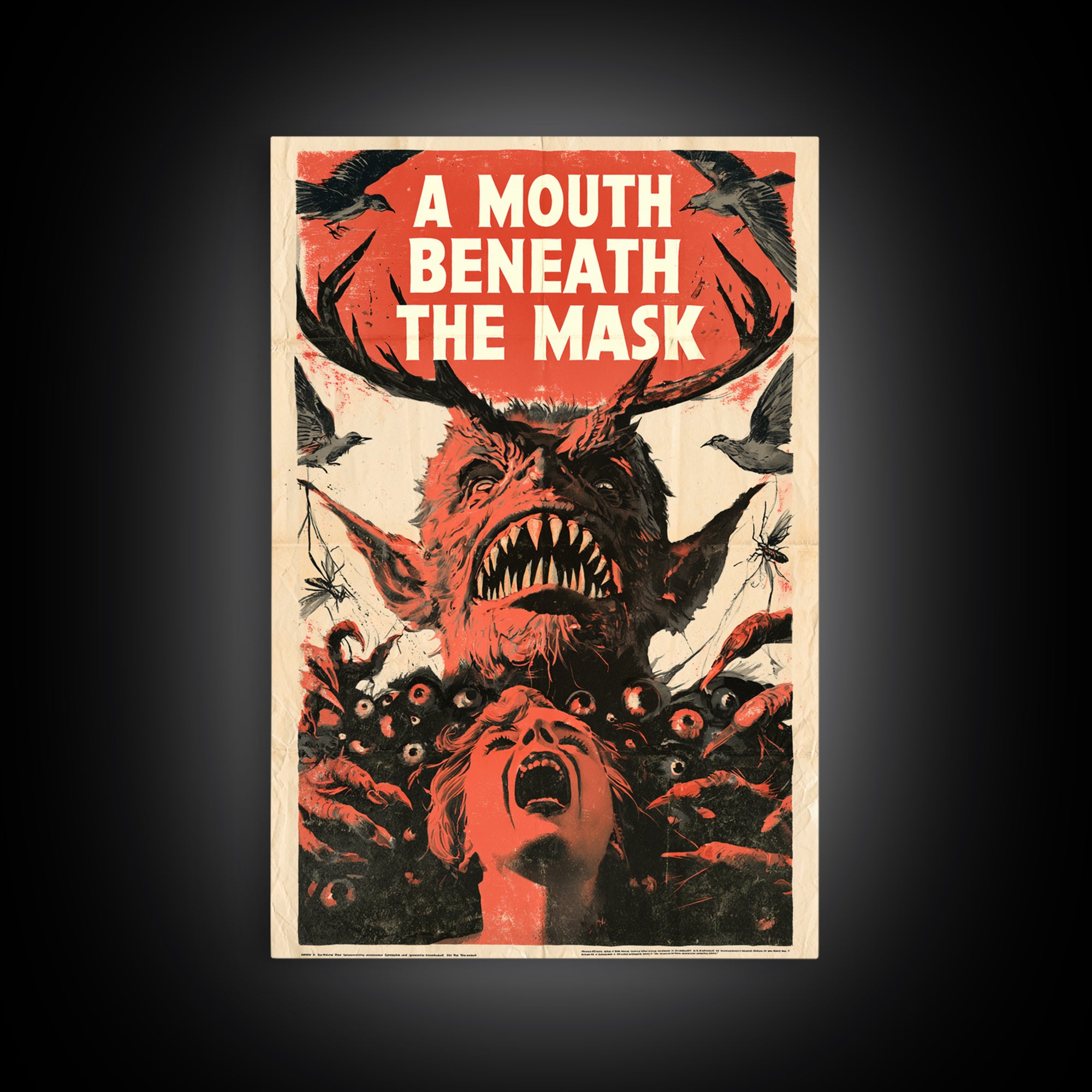 A Mouth Beneath The Mask, English Language Horror Movie Poster, 1950s Creature-Feature One-Sheet Inspired Art, Classic Monster Poster