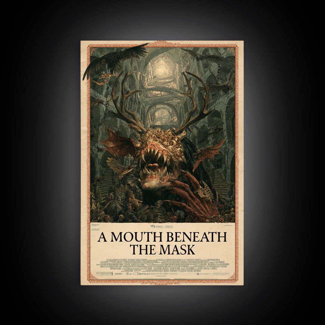 A Mouth Beneath The Mask, English Language Horror Movie Poster, Architectural Etching Art, Gothic Cinema Wall Art