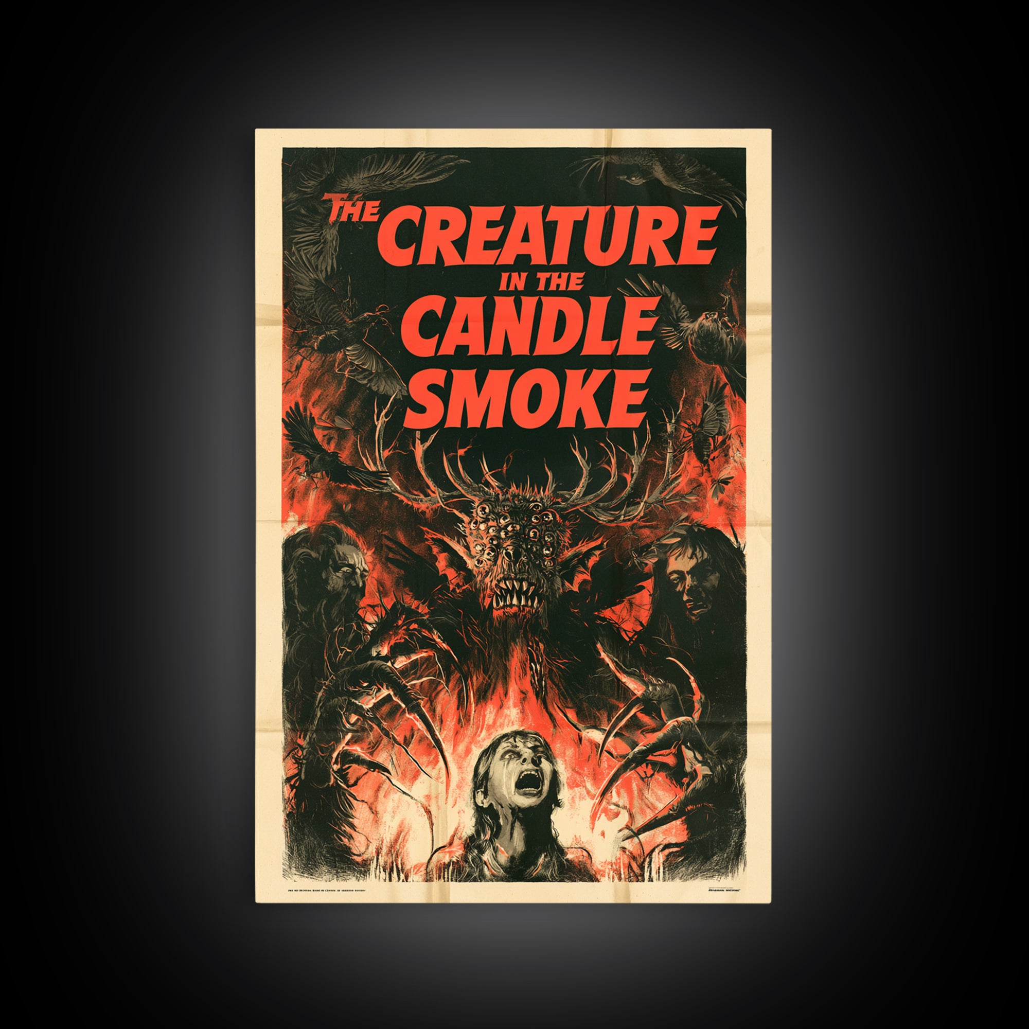 The Creature In The Candle Smoke, English Language Horror Movie Poster, 1950s Creature-Feature One-Sheet Inspired Art, Cult Horror Poster