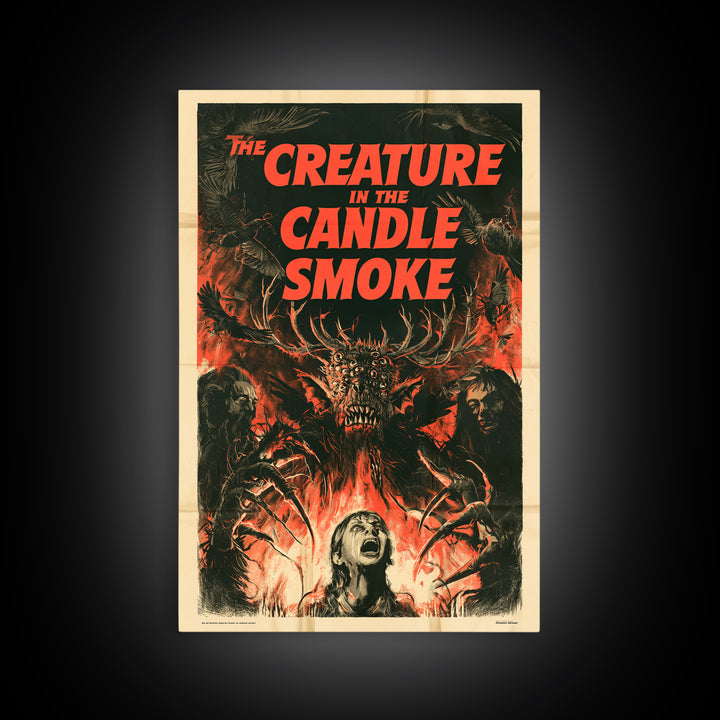 The Creature In The Candle Smoke, English Language Horror Movie Poster, 1950s Creature-Feature One-Sheet Inspired Art, Cult Horror Poster