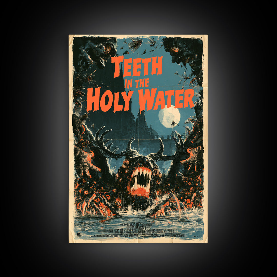 Teeth In The Holy Water, English Language Horror Movie Poster, Giallo Horror Art, Classic Monster Poster, Framed Canvas Print