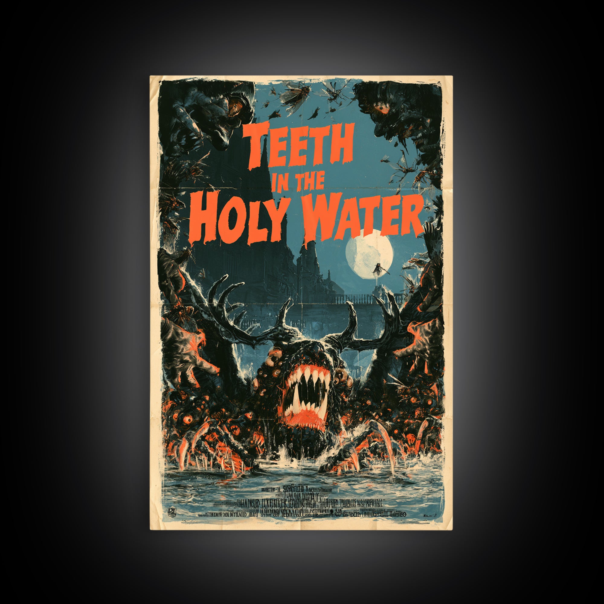 Teeth In The Holy Water, English Language Horror Movie Poster, Giallo Horror Art, Classic Monster Poster, Framed Canvas Print
