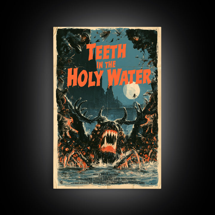 Teeth In The Holy Water, English Language Horror Movie Poster, Giallo Horror Art, Classic Monster Poster, Framed Canvas Print