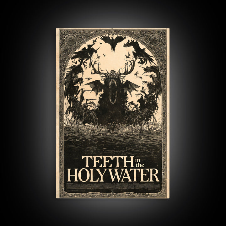 Teeth In The Holy Water, English Language Horror Movie Poster, Decadent Line Art, Classic Monster Poster, Framed Canvas Print