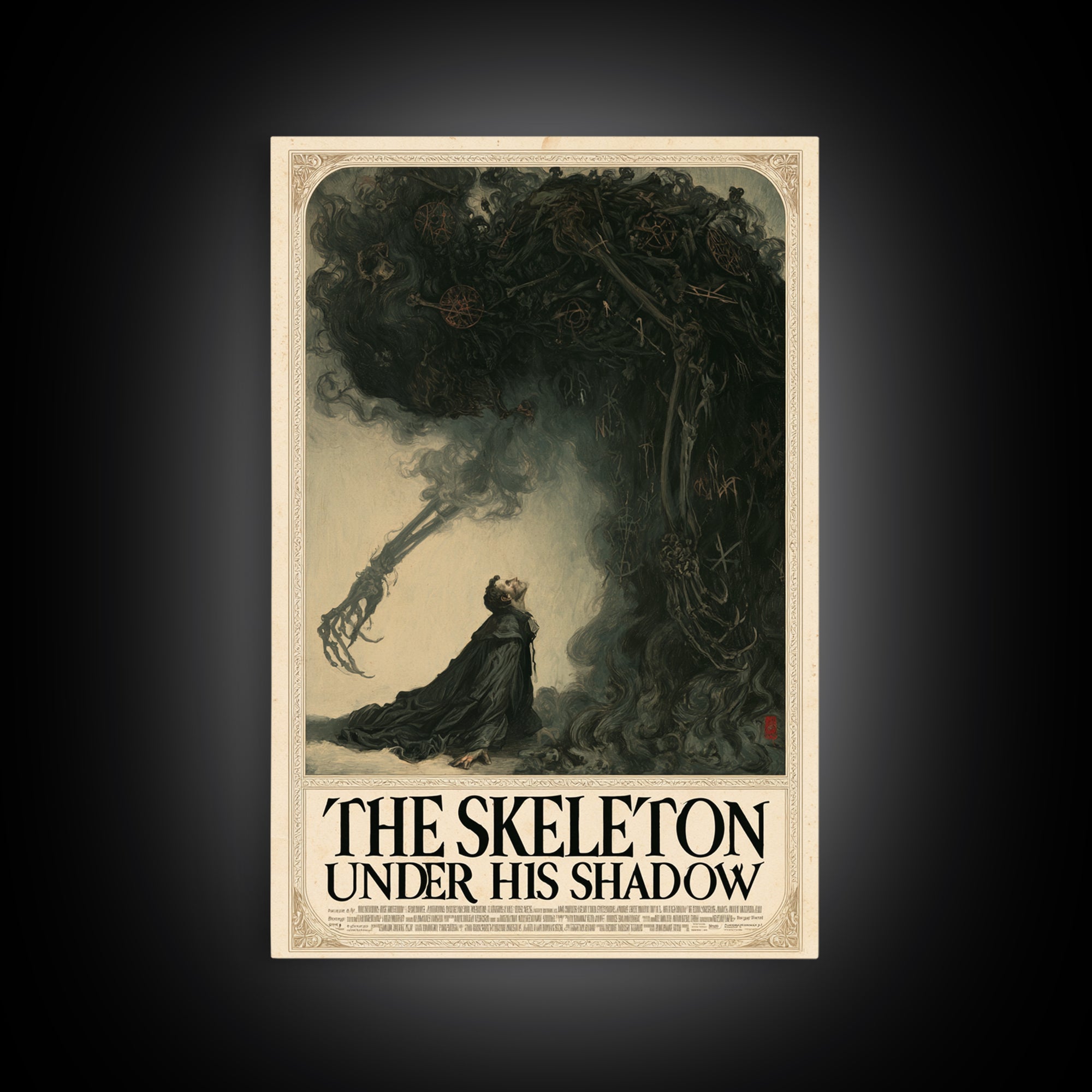 The Skeleton Under His Shadow, English Language Horror Movie Poster, Gothic Nightmare Art, Cult Horror Poster, Framed Canvas Print