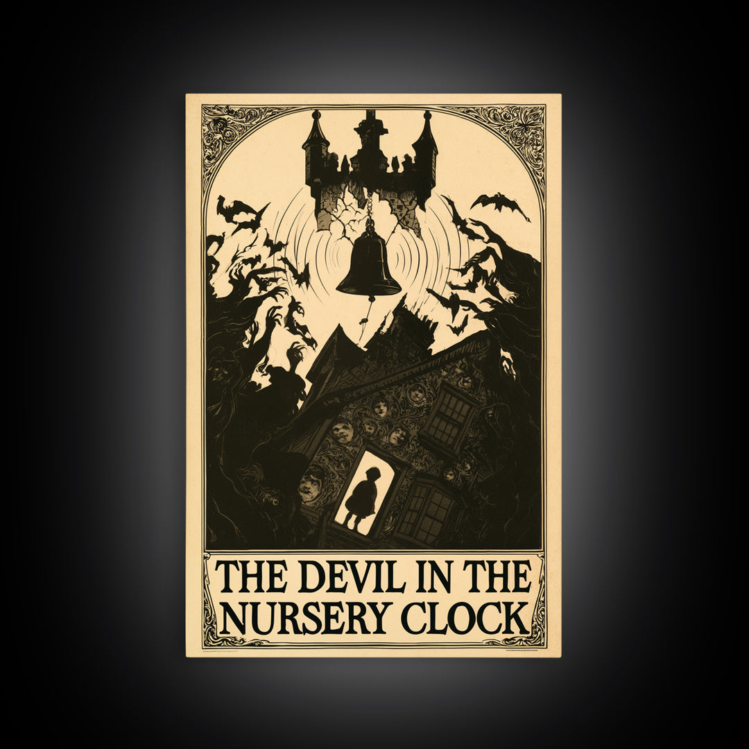 The Devil In The Nursery Clock, English Language Horror Movie Poster, Decadent Line Art, Cult Horror Poster, Framed Canvas Print