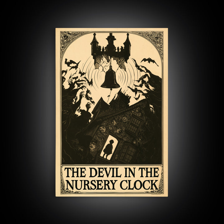 The Devil In The Nursery Clock, English Language Horror Movie Poster, Decadent Line Art, Cult Horror Poster, Framed Canvas Print