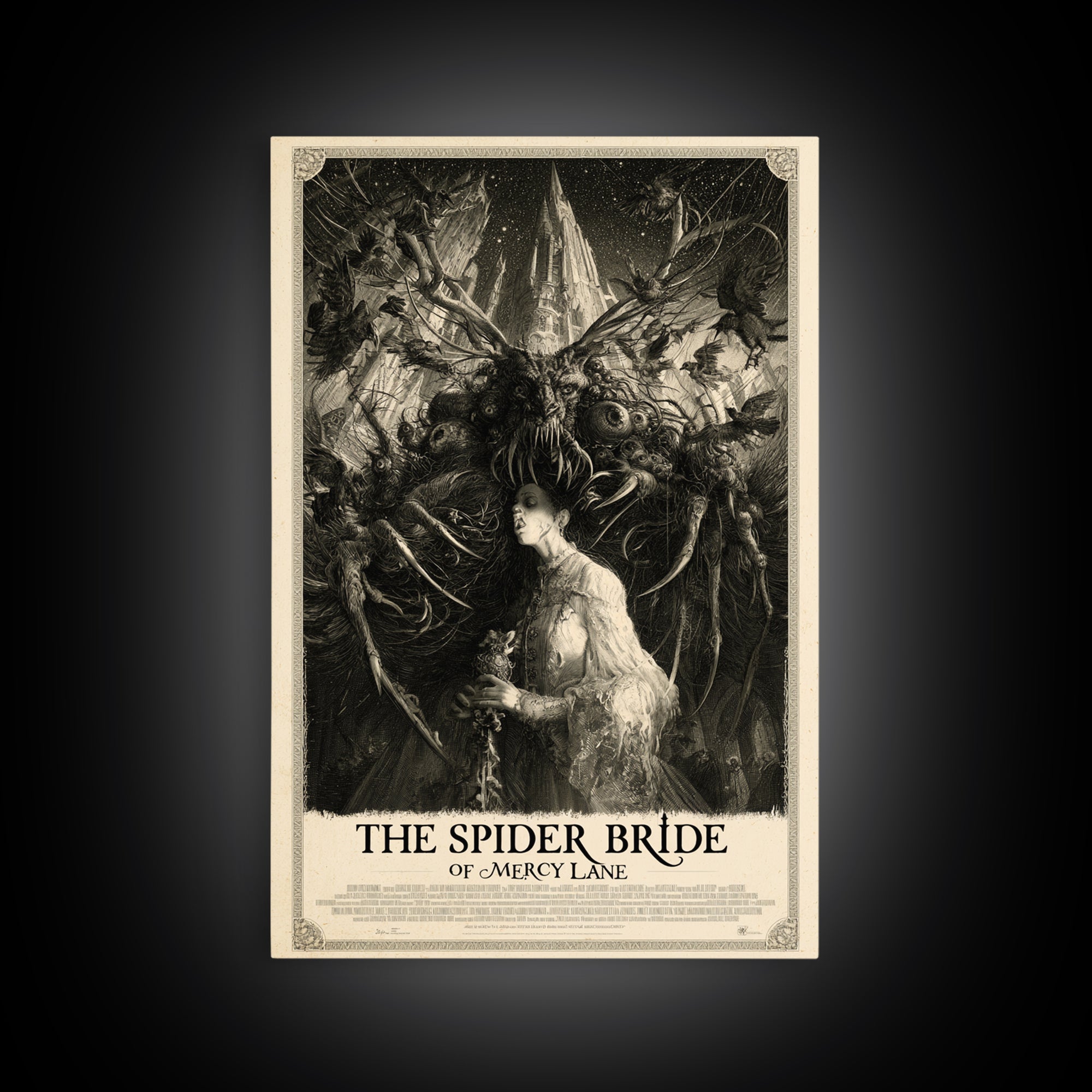 The Spider Bride Of Mercy Lane, English Language Horror Movie Poster, Gothic Engraving Art, Gothic Cinema Wall Art, Canvas Print