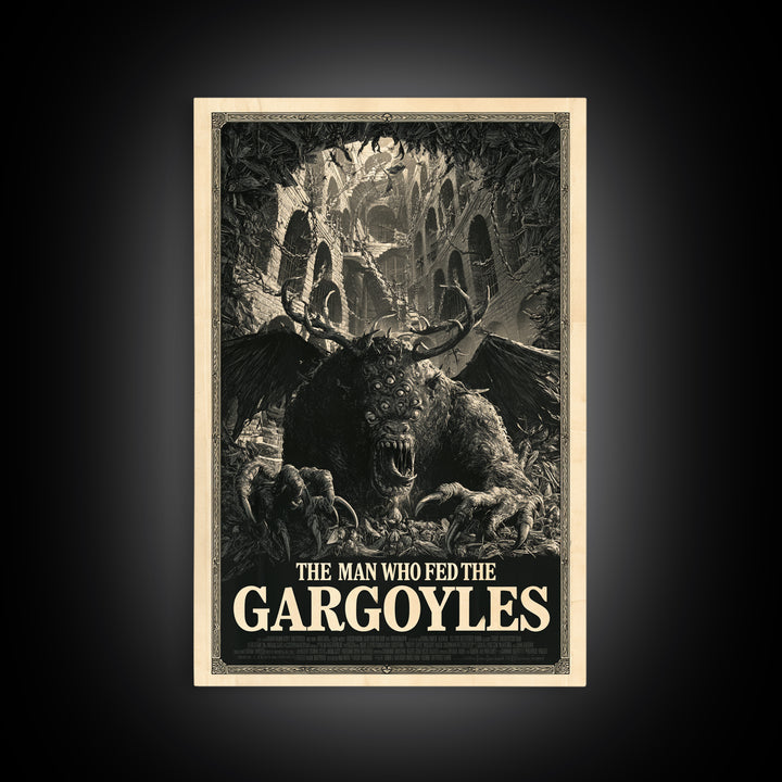 The Man Who Fed The Gargoyles, English Language Horror Movie Poster, Architectural Etching Art, Cult Horror Poster