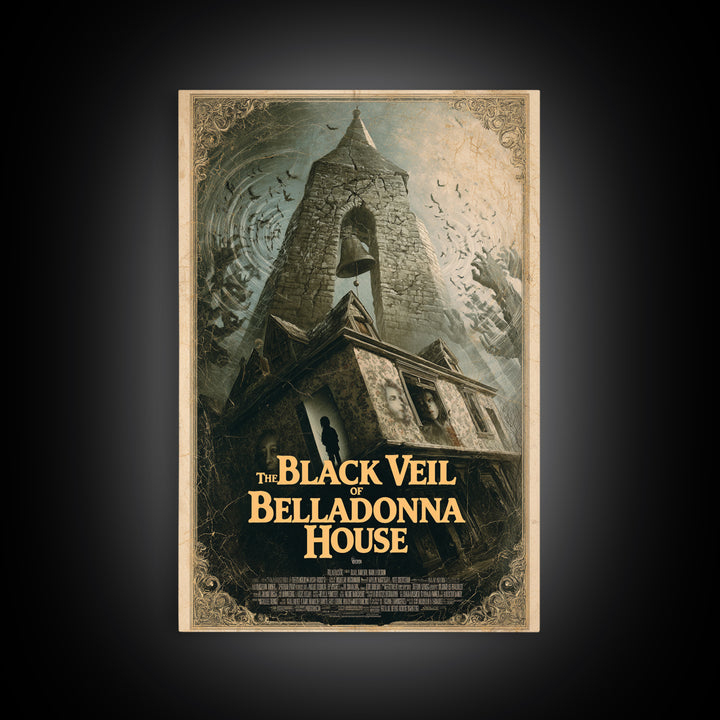 The Black Veil Of Belladonna House, English Language Horror Movie Poster, 1980s Vhs Nightmare Cover Inspired Art, Cult Horror Poster