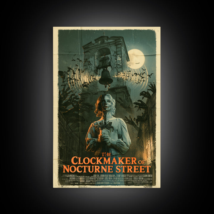 The Clockmaker Of Nocturne Street, English Language Horror Movie Poster, Giallo Horror Art, Retro Horror Movie Art, Framed Canvas Print