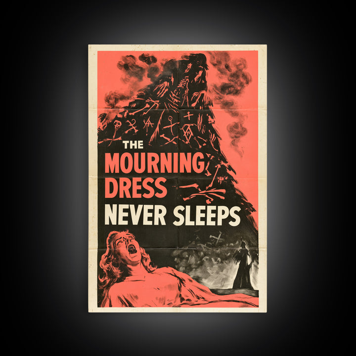 The Mourning Dress Never Sleeps, English Language Horror Movie Poster, 1950s Creature-Feature One-Sheet Inspired Art, Gothic Cinema Wall Art