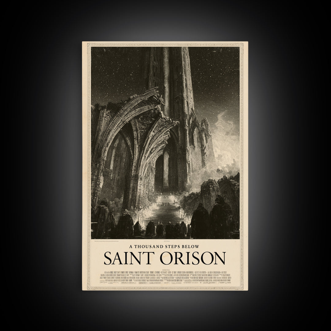 A Thousand Steps Below Saint Orison, English Language Horror Movie Poster, Gothic Engraving Art, Retro Horror Movie Art