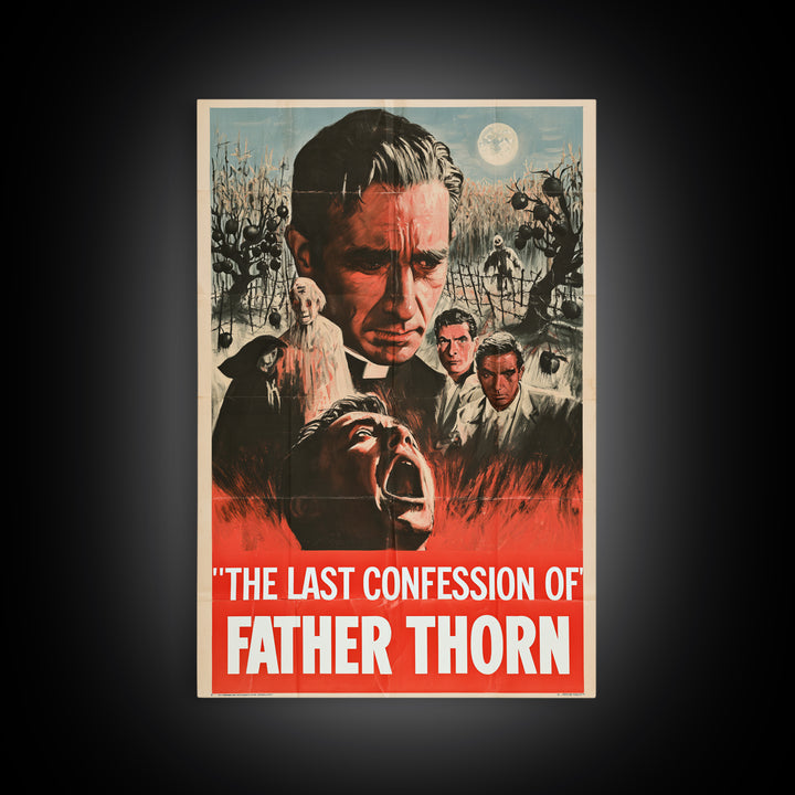 The Last Confession Of Father Thorn, English Language Horror Movie Poster, 1950s Creature-Feature One-Sheet Inspired Art, Cult Horror Poster