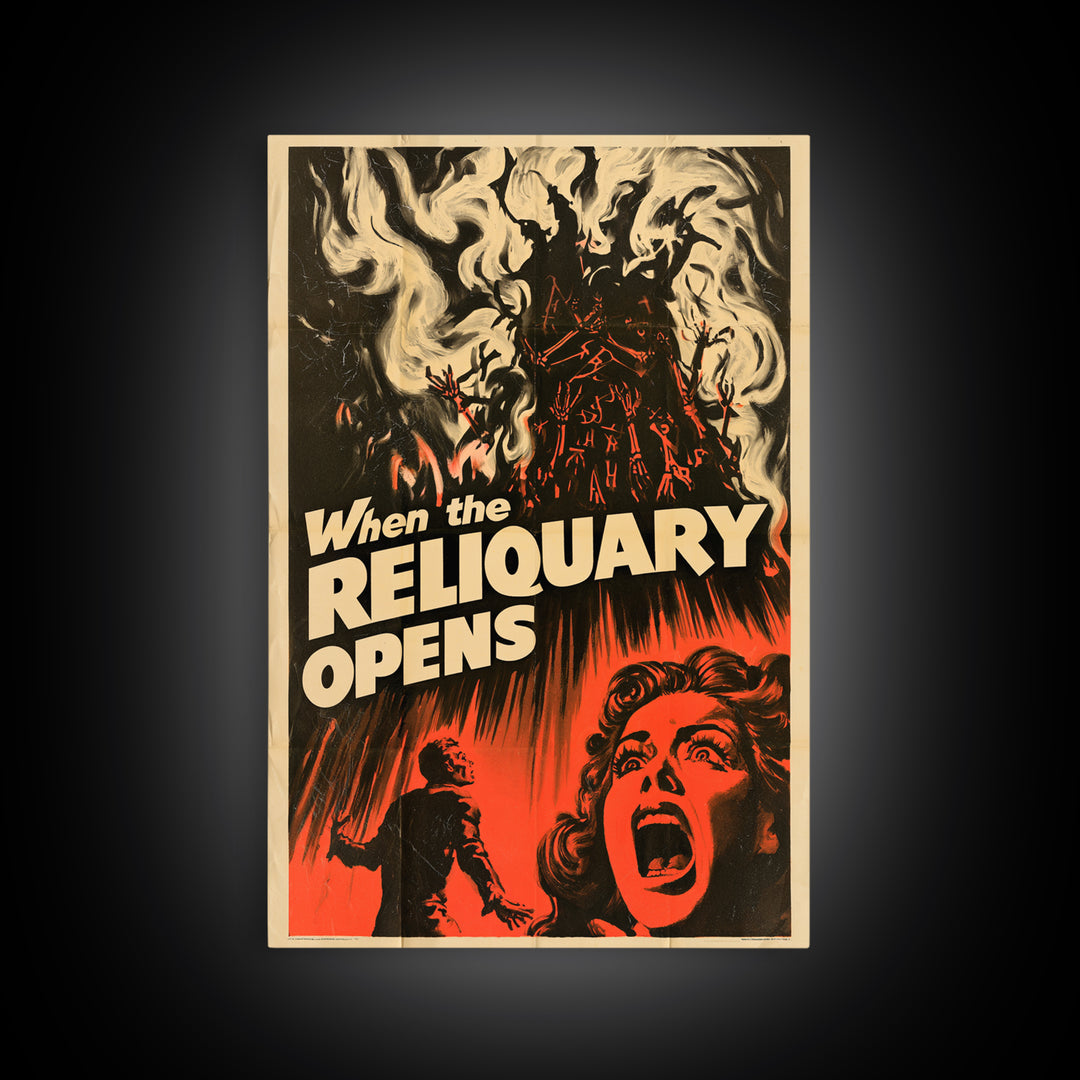 When The Reliquary Opens, English Language Horror Movie Poster, 1950s Creature-Feature One-Sheet Inspired Art, Gothic Cinema Wall Art