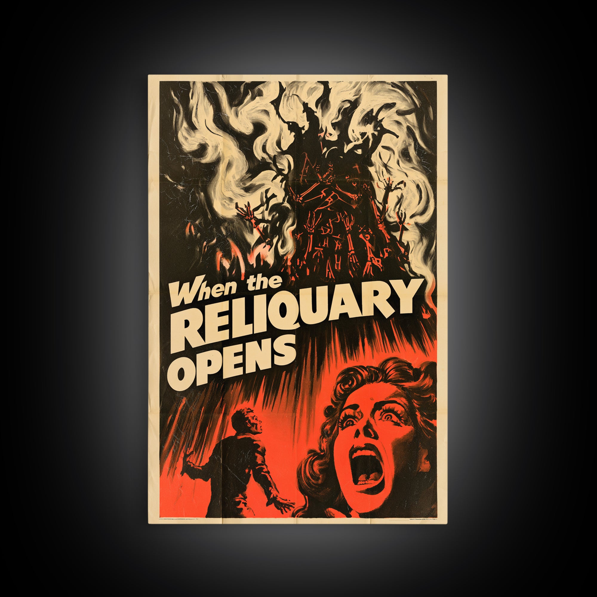 When The Reliquary Opens, English Language Horror Movie Poster, 1950s Creature-Feature One-Sheet Inspired Art, Gothic Cinema Wall Art