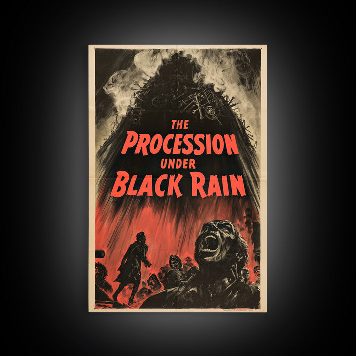 The Procession Under Black Rain, English Language Horror Movie Poster, 1950s Creature-Feature One-Sheet Inspired Art, Cult Horror Poster